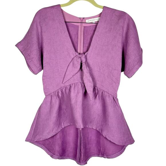 Endless Rose Purple Ribbed V Neck Peplum High Low Tie Short Sleeve Top Sz Small - Picture 1 of 12